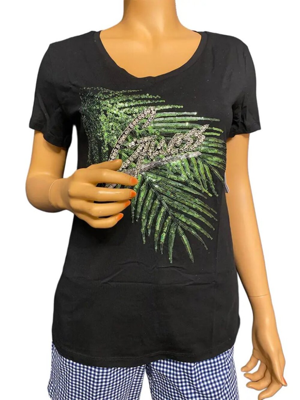 Guess Estella Sequin Palm Leaf T Shirt Black Green V Neck